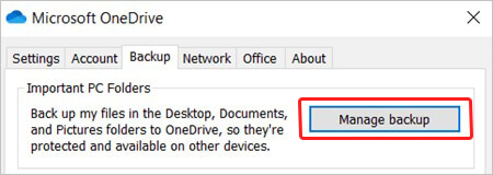 select manage backup in onedrive