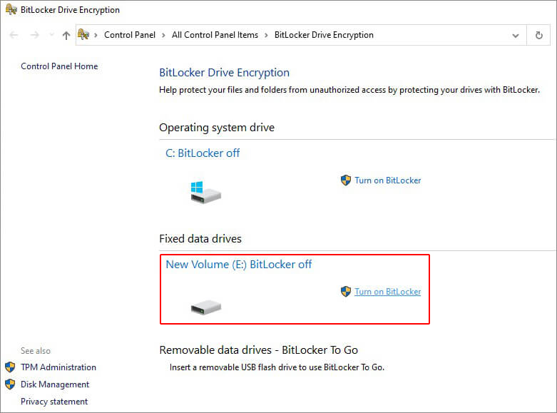 Select Drive and Turn on BitLocker