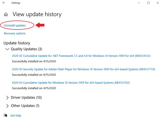 uninstall problematic Windows update