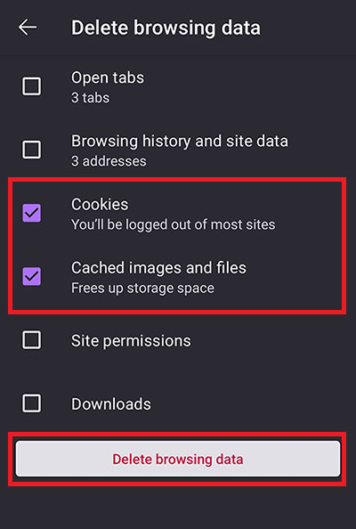 clear cookies and cache in firefox mobile app