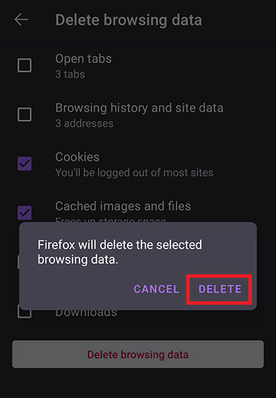 confirm deleting cookies and cache