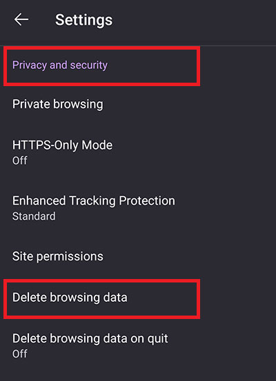 select delete browsing data under privacy and security in firefox