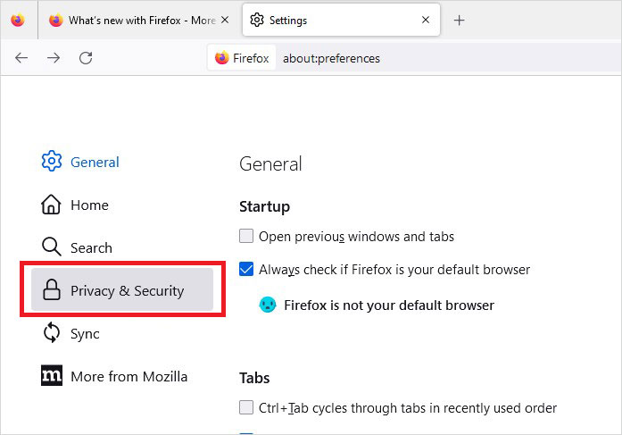 go to privacy & security in Firefox settings