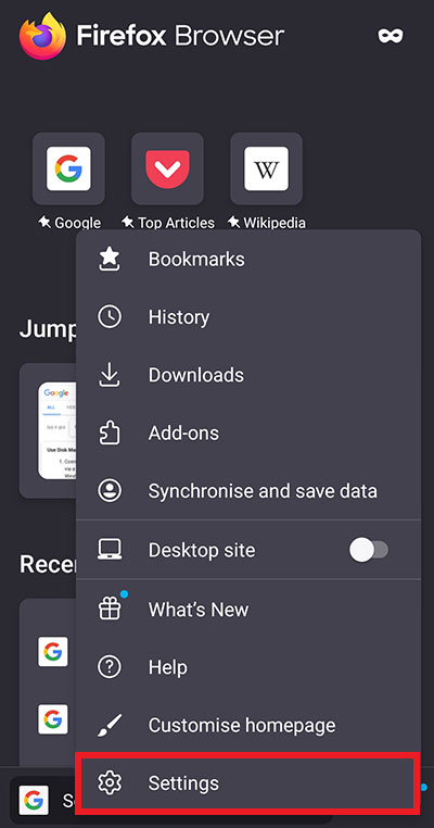 open firefox settings in Mozilla mobile app