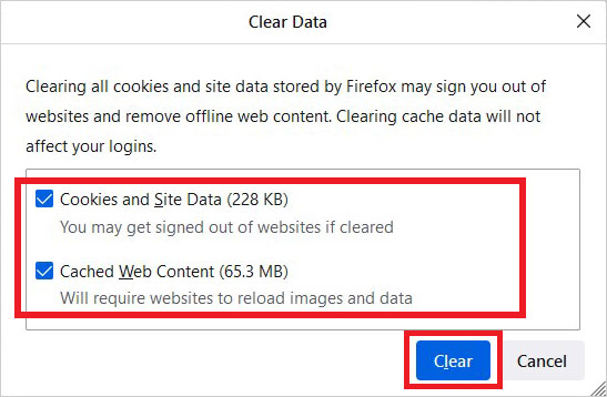 select cookies and site data with cached web content and click clear