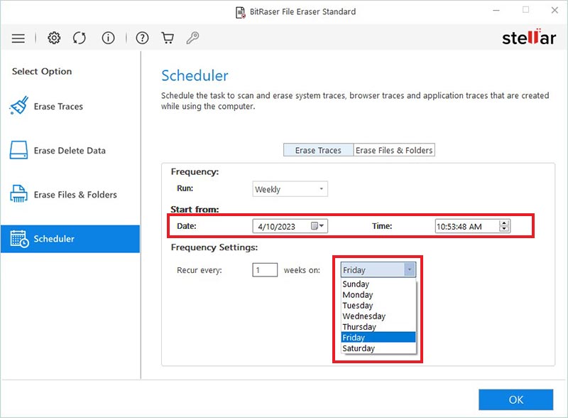 select frequency settings and start time to schedule erase task