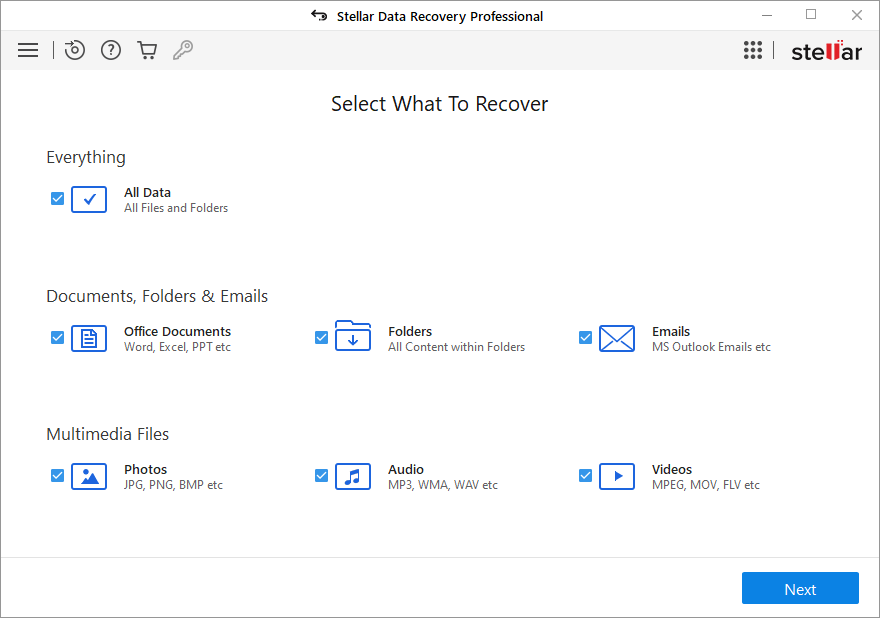 Stellar windows data recovery professional select data type