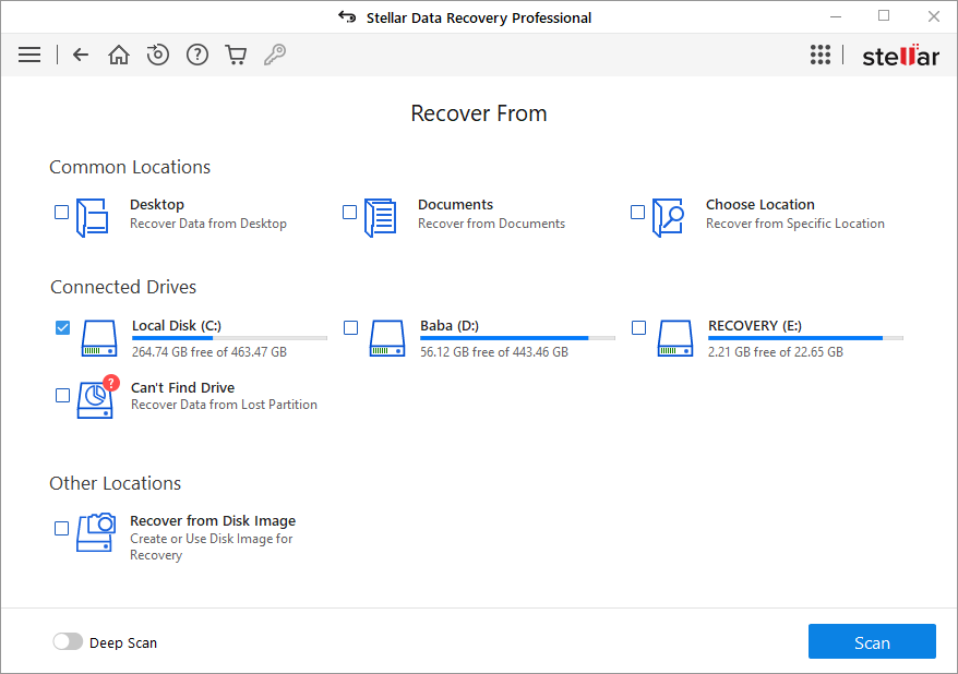 Stellar data recovery professional select the location for data recovery
