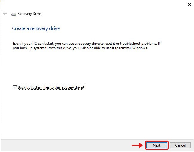 Click Next on Create Recovery Driver Windows