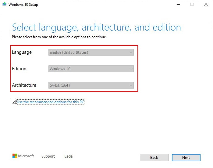 Select language Architecture and Windows 10