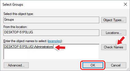 enter  administrator and select check names