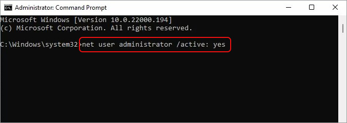 type net user administrator active yes command in command prompt