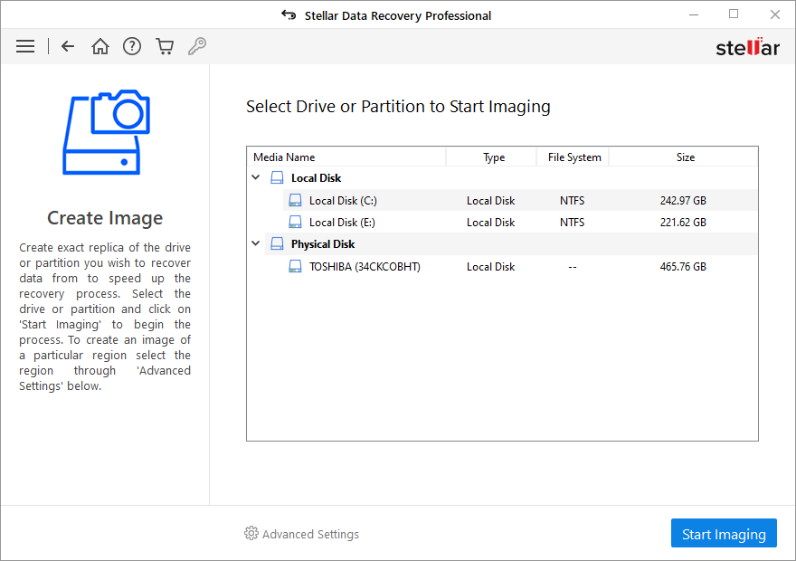 Select Drive or Partition to Start Imaging