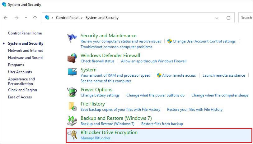 click manage bitlocker given under bitlocker drive encryption option