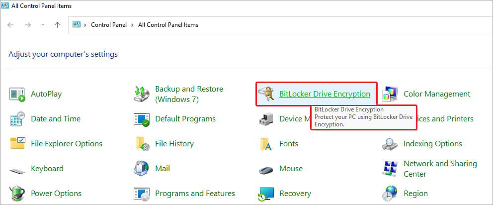 select bitlocker drive encryption from control panel