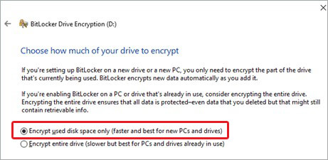 choose how much of your drive you want to encrypt-recommended is encrypt used space
