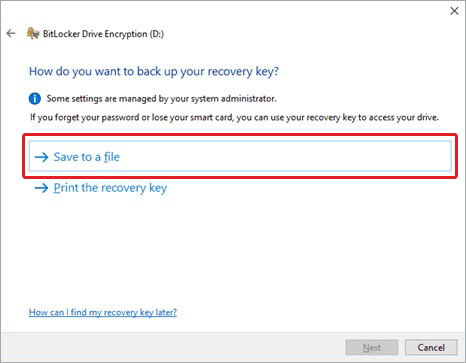 select options to keep bitlocker recovery key
