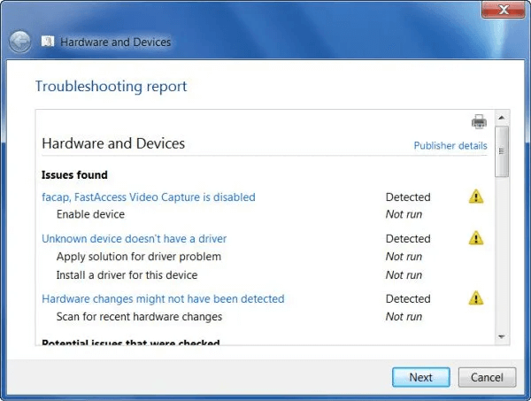 hardware troubleshoot report