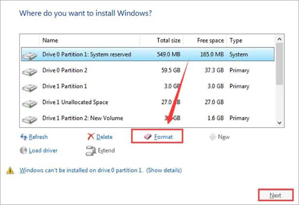 Click on format to format your hard drive from bios