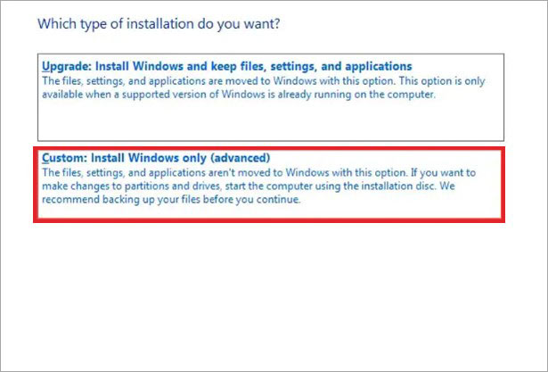 select the type of windows installation process