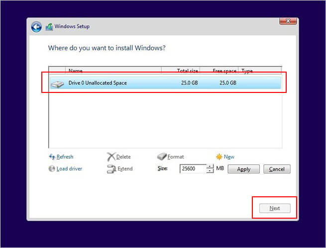 Choose unallocated hard drive and Click Next