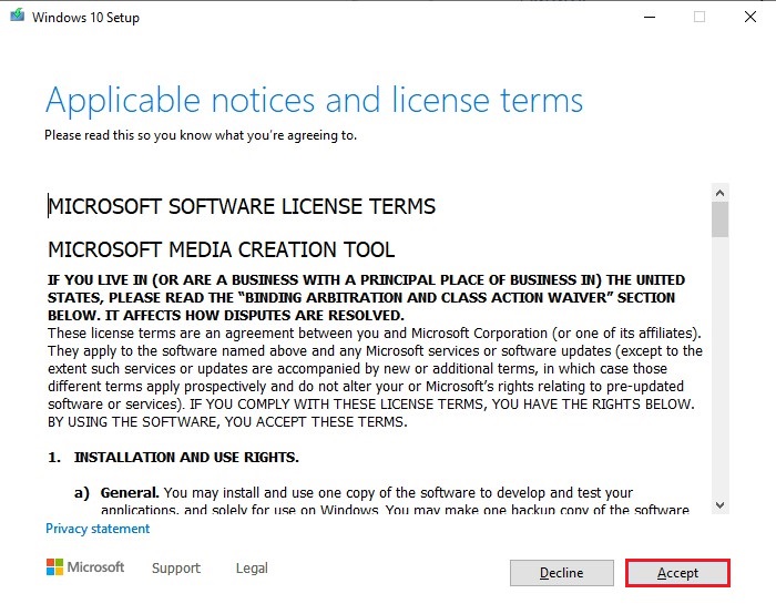 Accept Microsoft software License