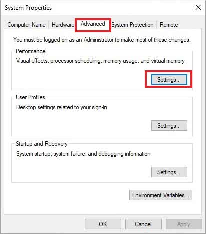 change performance settings to fix the kernel mode heap corruption error