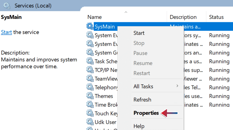 sysmain properties