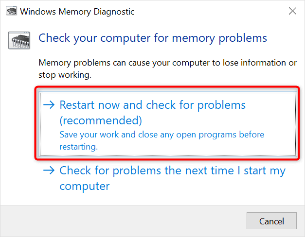 Restart now option in Windows memory diagnostic