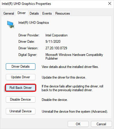 rollback driver from driver tab