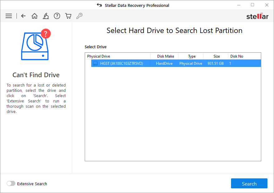 select hard drive to search for lost partition