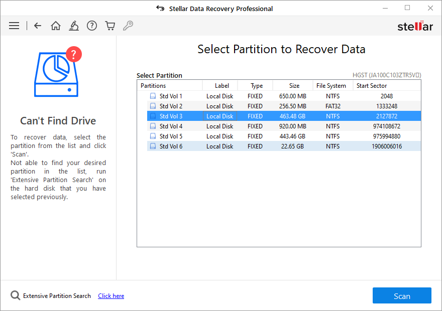 select partition to recover data