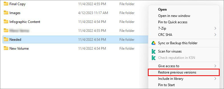 restore previous version to recover permanently deleted files