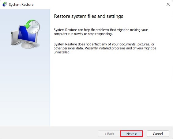 click next on restore system files and settings window
