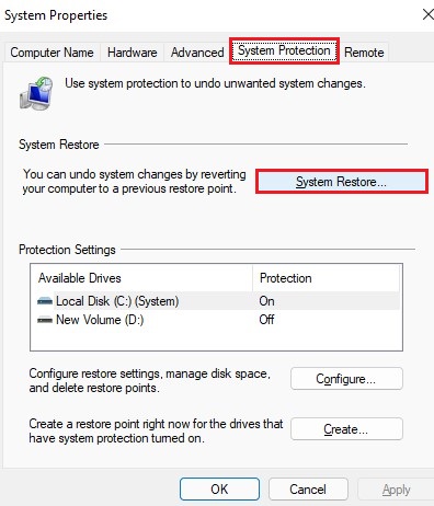 select system restore under system protection tab on system properties window