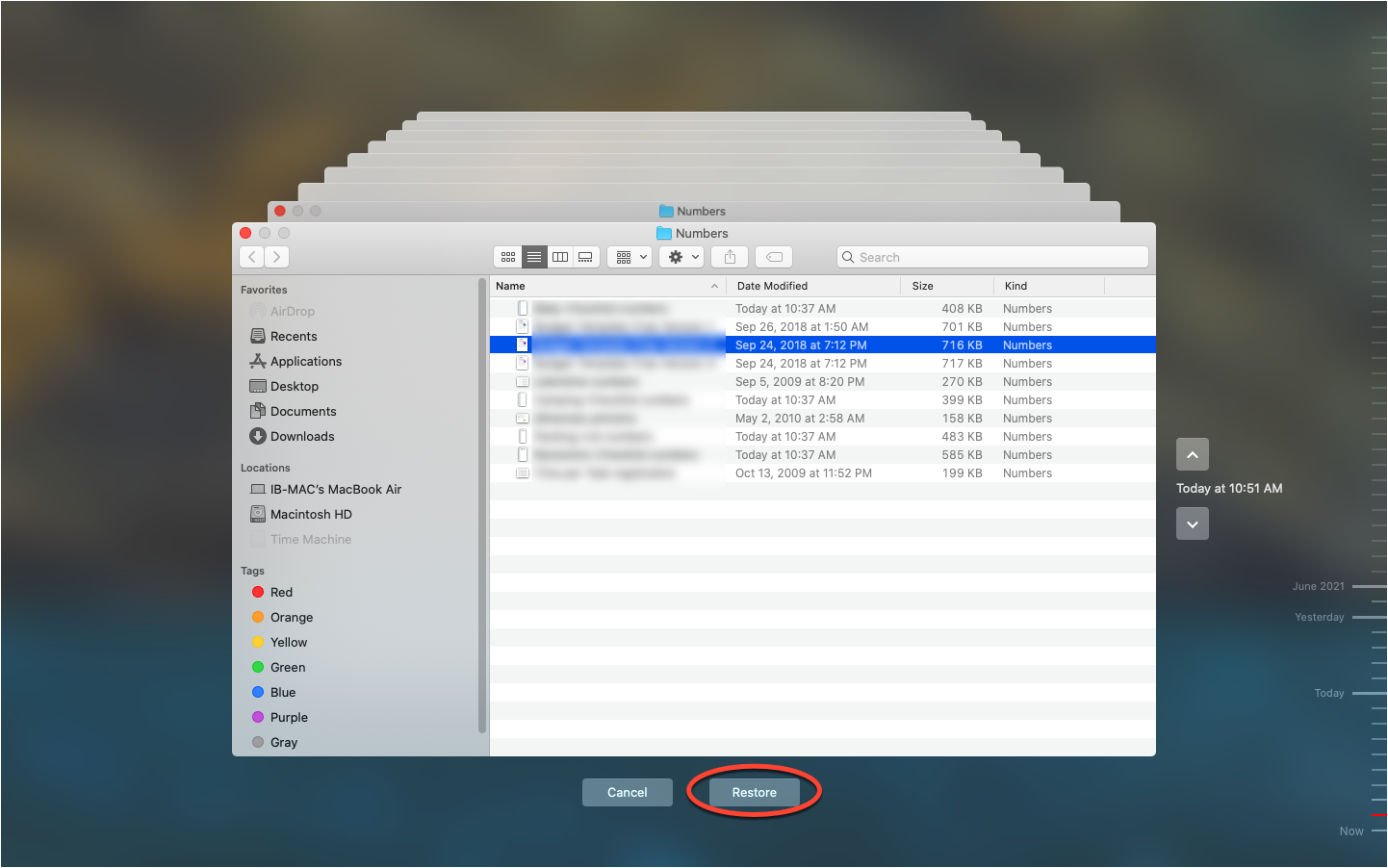 Restore Numbers from Time Machine