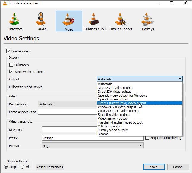 Video Output Settings in VLC