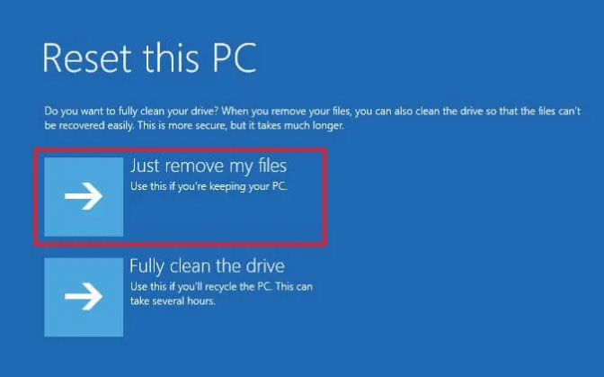 select just remove files to reset windows 11
