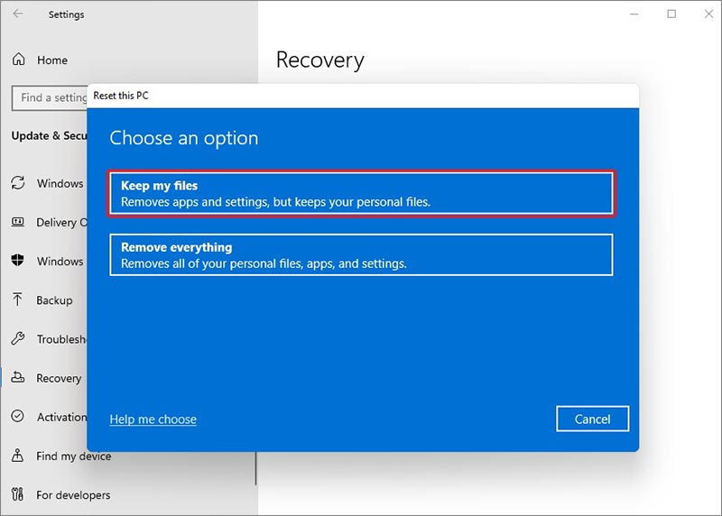 select keep my files while resetting windows 11