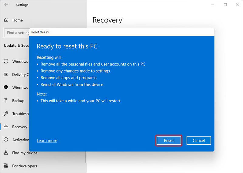 start resetting windows 11 now