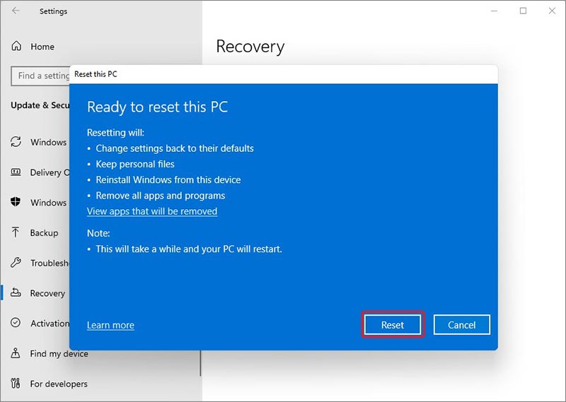 start resetting windows 11