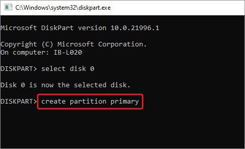 create-primary-partition using diskpart utility