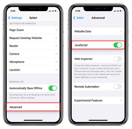 enable javascript on safari in iphone