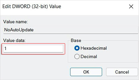 enter value 1 in no auto update value data box