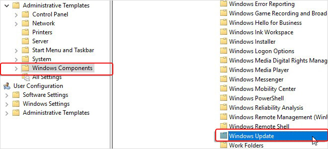 open Windows components and then click Windows Update