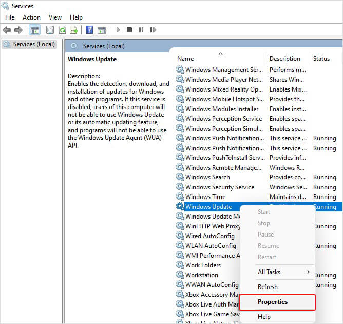 open windows update properties in Windows services