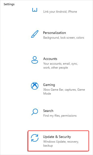 select update & security on Windows Settings