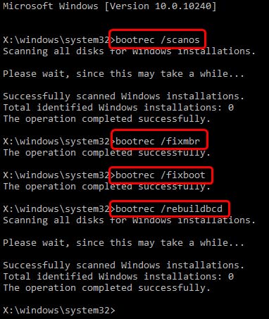 execute the commands in cmd to fix the master boot record or mbr errors