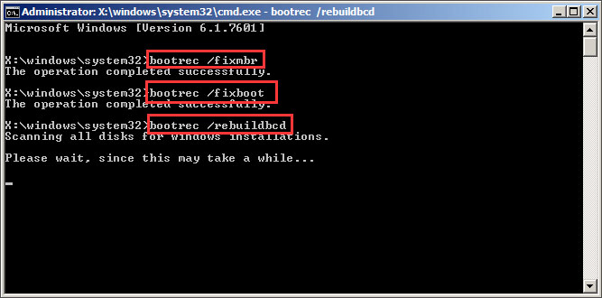 execute bootrec commands in cmd to repair mbr and windows os