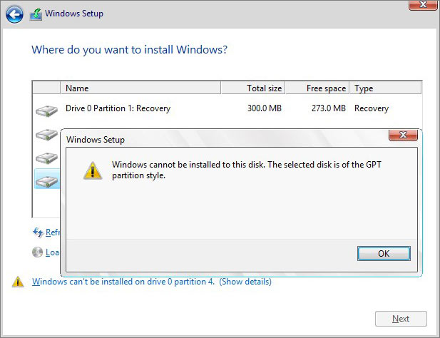 windows cannot install to gpt disk error message